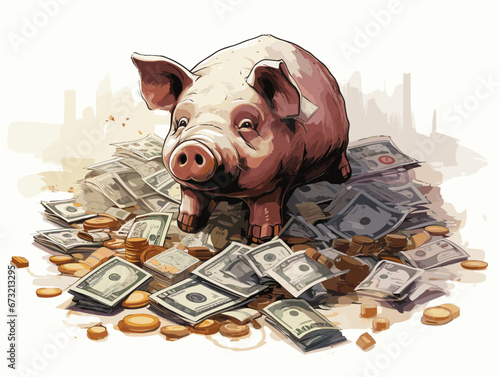 Drawing of Piggy with money illustration separated, sweeping overdrawn lines.