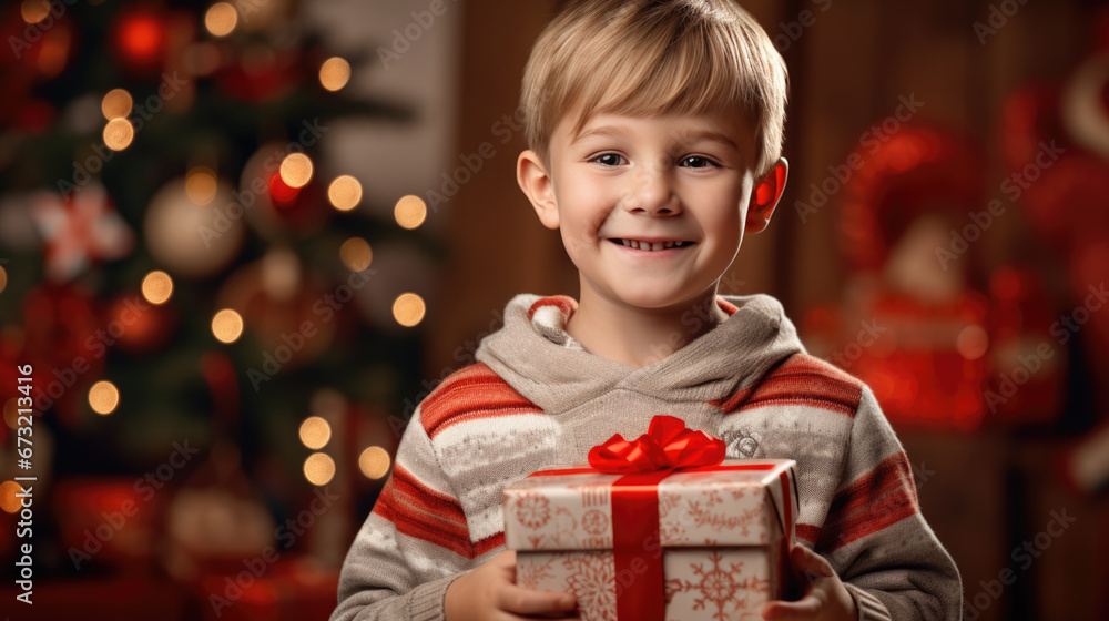 A delighted boy with a beaming smile holds a Christmas present , surrounded by the festive glow of tree lights and ornaments. A delighted boy with a beaming smile holds a Christmas present , surrounded by the festive glow of tree lights and ornaments.