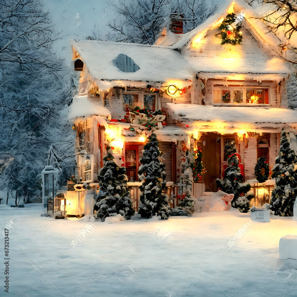 Photo of house decorated for Christmas under the snow. Ai Ganarated Photo of house decorated for Christmas under the snow. Ai Ganarated