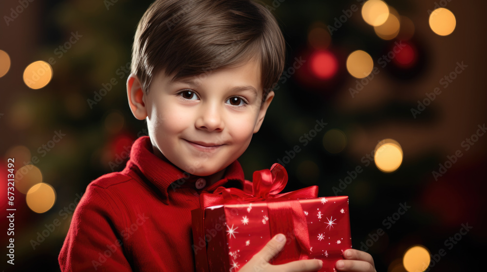 A delighted boy with a beaming smile holds a Christmas present , surrounded by the festive glow of tree lights and ornaments. A delighted boy with a beaming smile holds a Christmas present , surrounded by the festive glow of tree lights and ornaments.