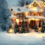 Photo of house decorated for Christmas under the snow. Ai Ganarated
