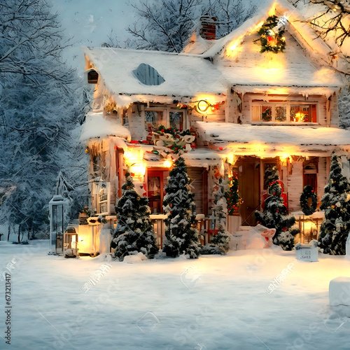 Photo of house decorated for Christmas under the snow. Ai Ganarated © MD