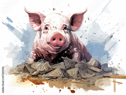 Drawing of Piggy with money illustration separated, sweeping overdrawn lines.