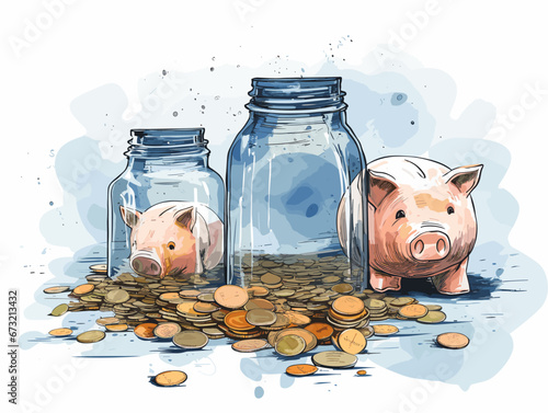 Drawing of Piggy Banks Superannuation Finance Business illustration separated, sweeping overdrawn lines.