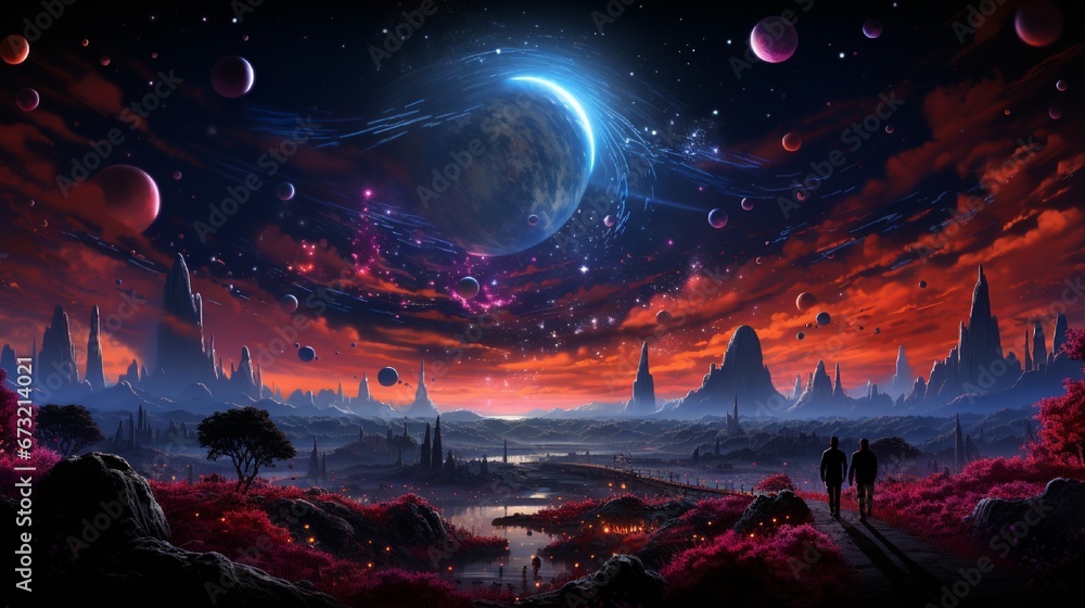  Billboard Single cover featuring a vibrant cosmic landscape, with swirling galaxies, shooting stars, and celestial wonders