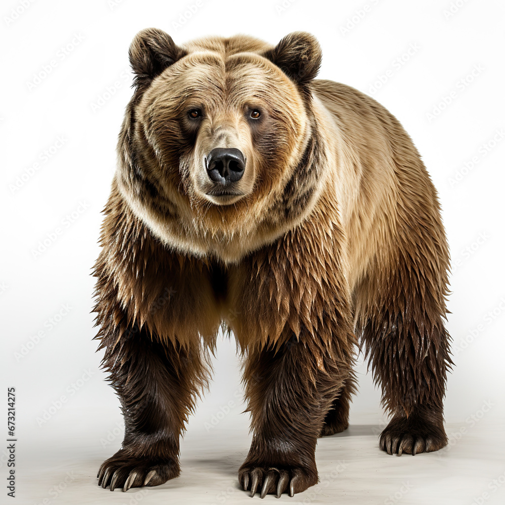 Fototapeta premium Winter Wanderer: A Brown Bear's Snowy Stroll,brown bear isolated on white