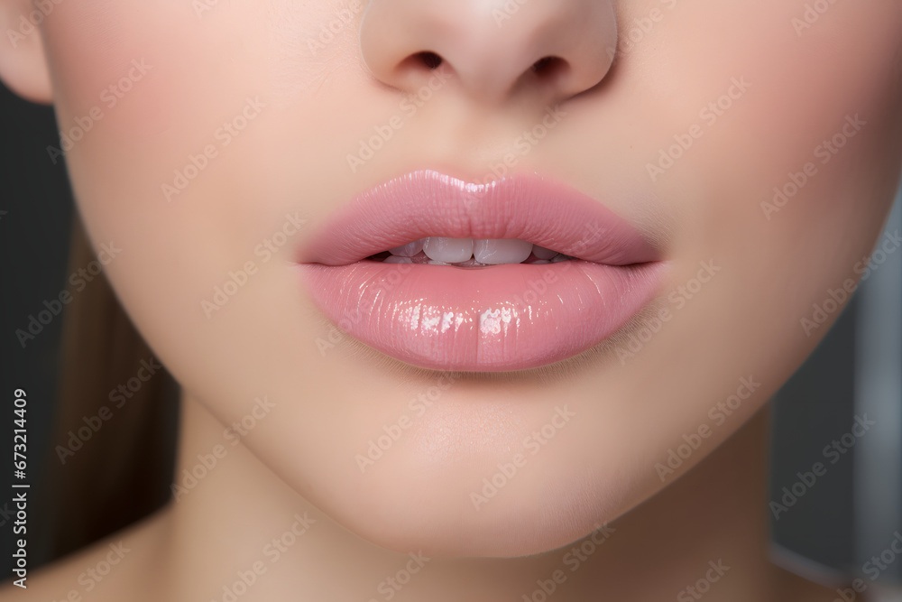 Fototapeta premium Sexy Pink Lips close up. Healthy full woman lips. Round and pouty lips. Pinky juicy lips.