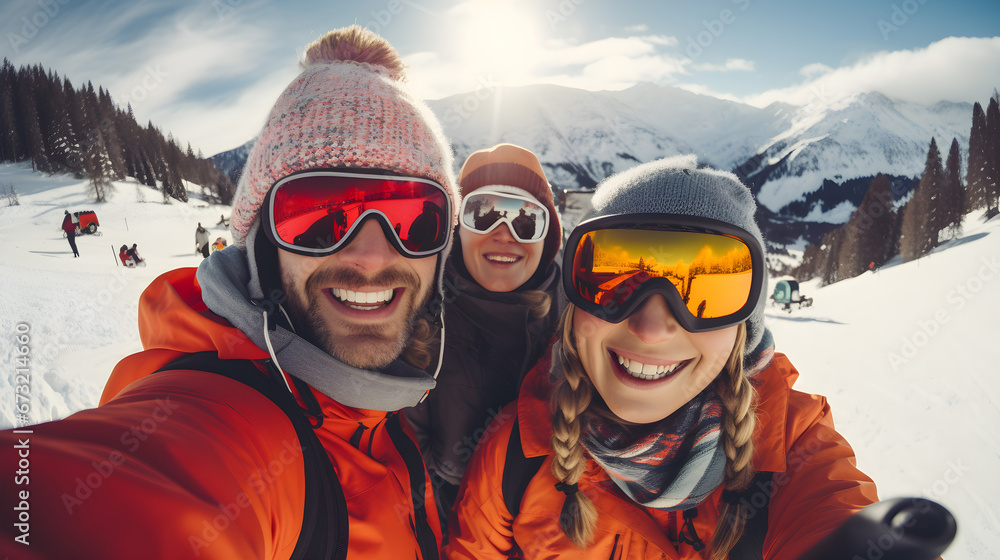 Group of multinational friends in colorful winter clothes are having fun and doing selfie at the top of mountain. Winter ski and snowboarding vacations concept Group of multinational friends in colorful winter clothes are having fun and doing selfie at the top of mountain. Winter ski and snowboarding vacations concept