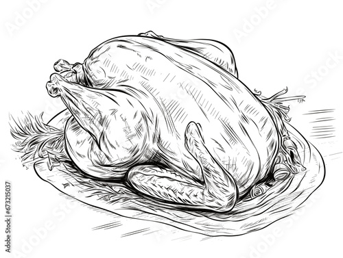 Drawing of Roast poultry turkey or chicken illustration separated, sweeping overdrawn lines.