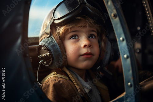 Little kid sitting inside plane first flight dreamy face looking illuminator Generative AI © Tetiana