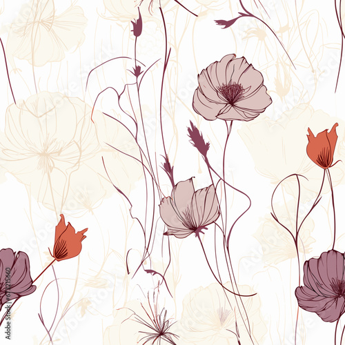 Drawing of Seamless floral pattern of vintage flowers illustration separated, sweeping overdrawn lines.