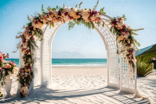 beautiful wooden decorative arch with flowers on the beach, white walkway for wedding ceremony © Faizan