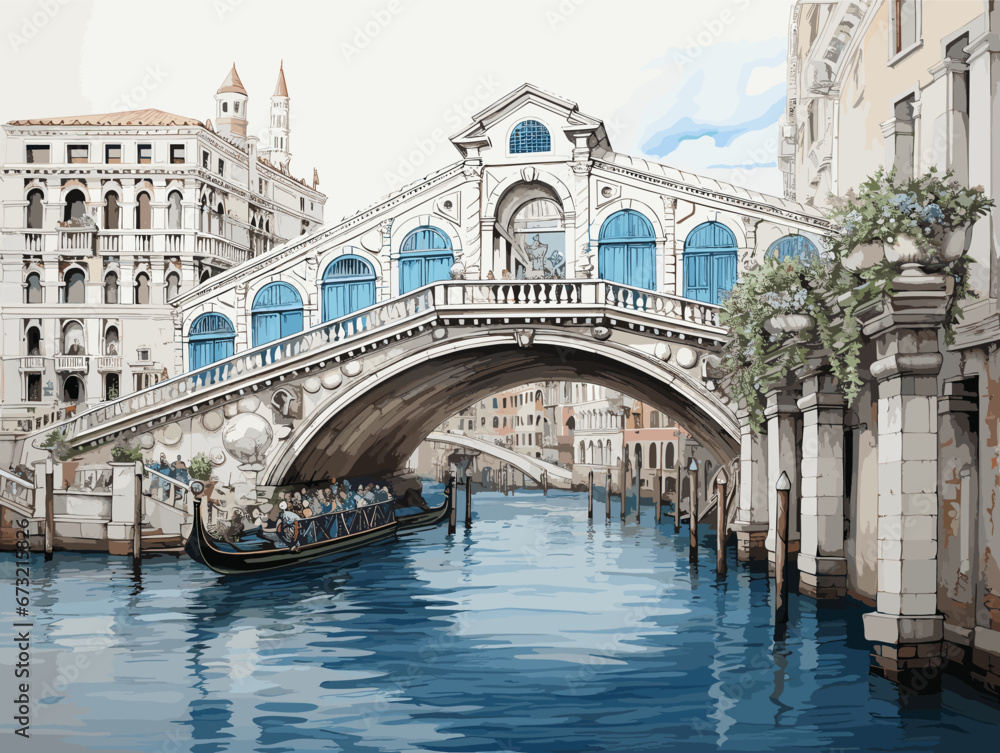 Drawing of rialto bridge Charcoal pencils and thick black chalk pencil strokes illustration separated, sweeping overdrawn lines.