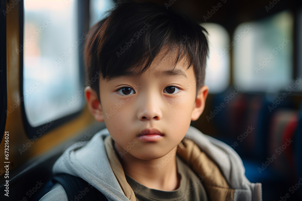 Generative AI portrait illustration of traveler person using public city transport blurred town view