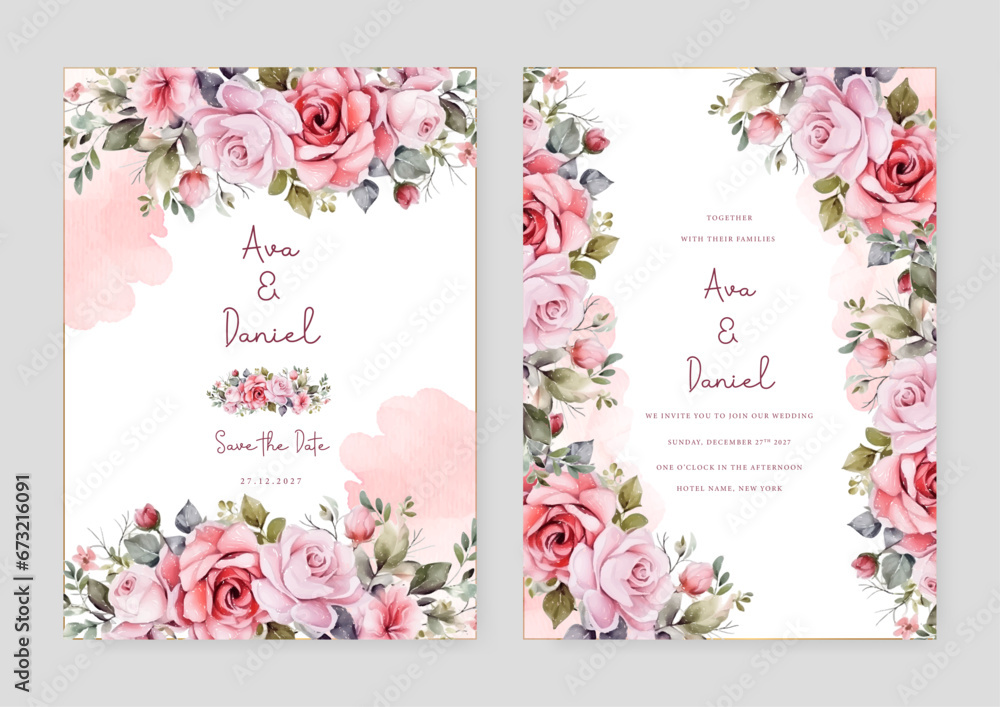 Pink rose set of wedding invitation template with shapes and flower floral border