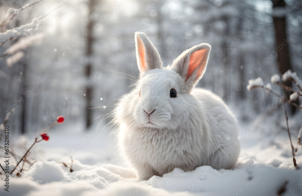Cute white rabbit in snowy winter forest Cute white rabbit in snowy winter forest