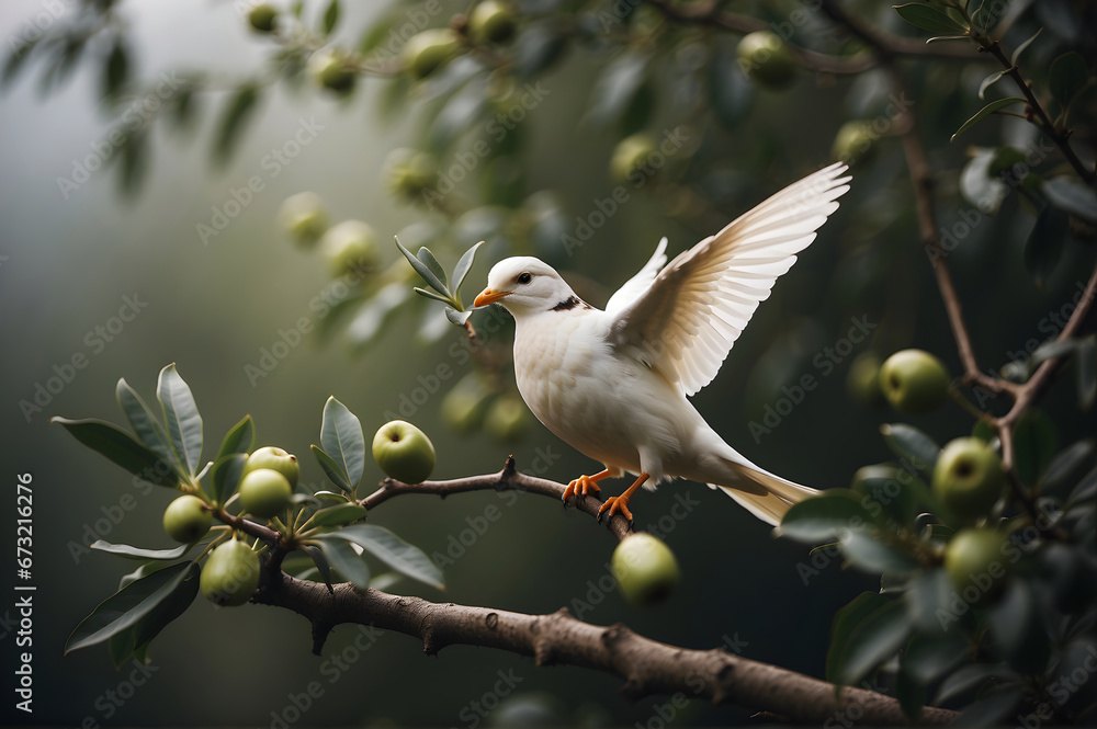 A peace dove carrying an olive branch as a sign of peace - obrazy, fototapety, plakaty 