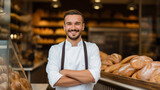 Smiling baker standing in his bakery among baked breads and rolls. Generative AI