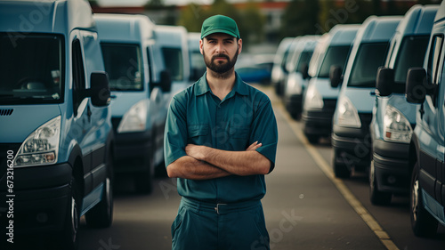 Courier Amid Fleet of Delivery Vehicles in Uniform. Generative AI