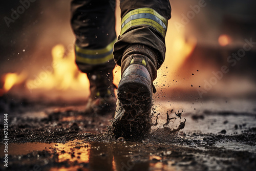 Image generative AI photo of a male professional firefighter in dirty boots photo