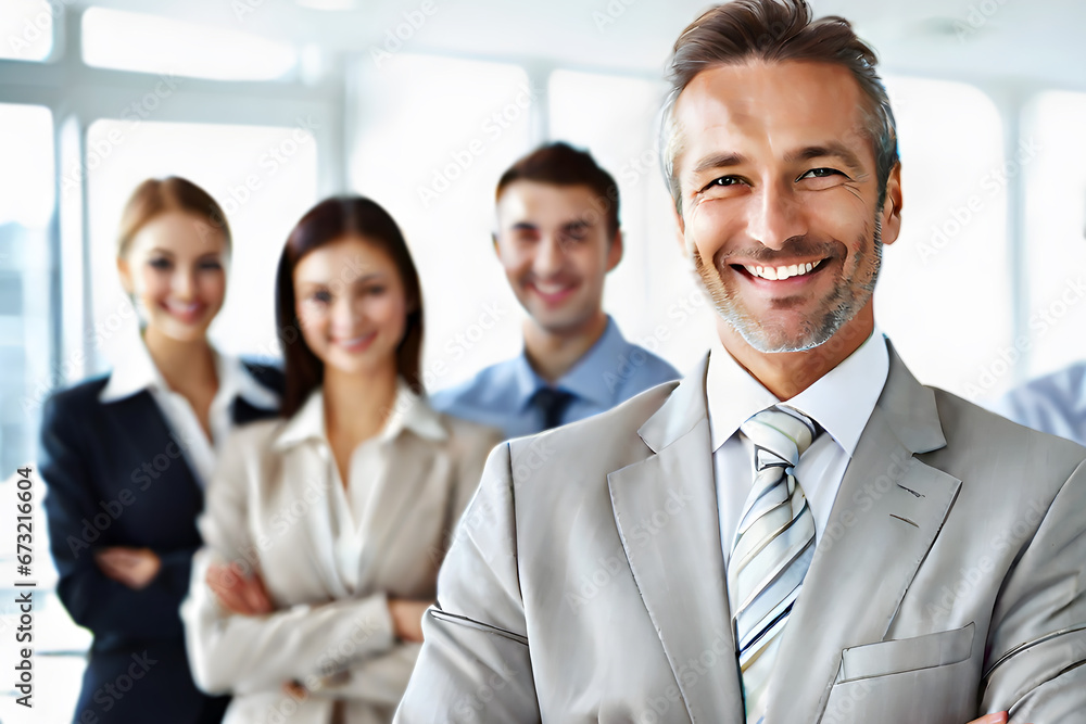 smiling mid-age businessman standing in front of team, at meeting room office, smiling at camera smiling mid-age businessman standing in front of team, at meeting room office, smiling at camera
