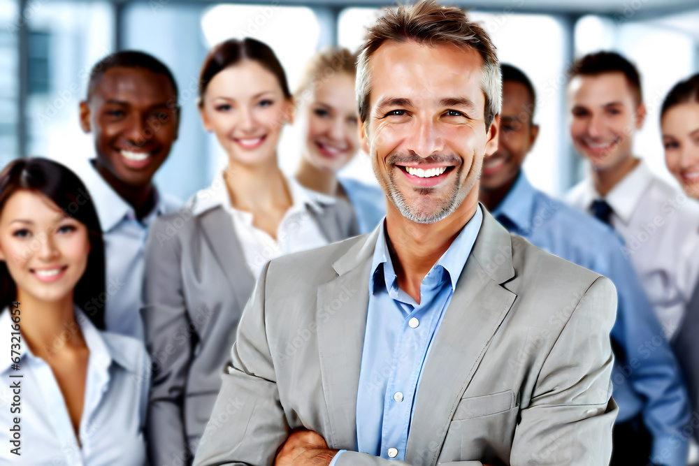 smiling mid-age businessman standing in front of team, at meeting room office, smiling at camera smiling mid-age businessman standing in front of team, at meeting room office, smiling at camera
