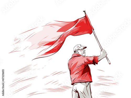 Drawing of senior man waving a red flag illustration separated, sweeping overdrawn lines.