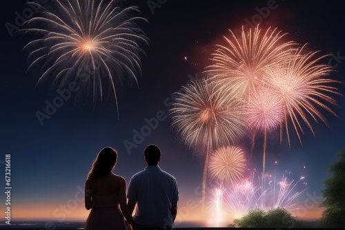 couple at night watching fireworks over the city