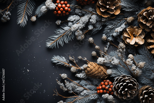 Festive Winter Composition, Holiday Greetings, and Pine Cone Decor on Rustic Wooden Table for a Vintage Rustic Theme
