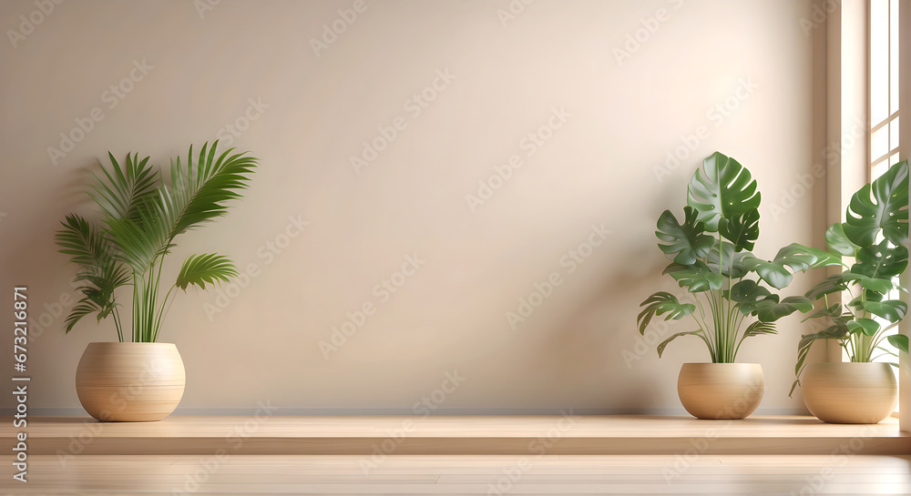 Empty room interior background, beige wall, pot with plant, wooden flooring ,3d 