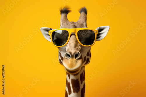 Funny giraffe with sunglasses on yellow background with copy space