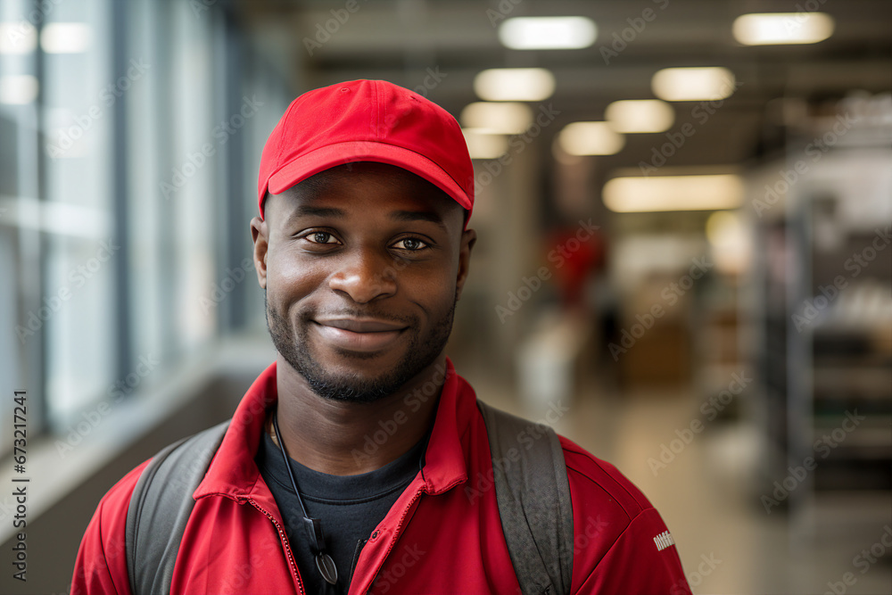 Generative AI image of black man mail carrier postman in the warehouse Generative AI image of black man mail carrier postman in the warehouse