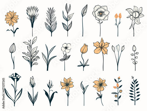 Drawing of Set of vector flower icons illustration separated, sweeping overdrawn lines.
