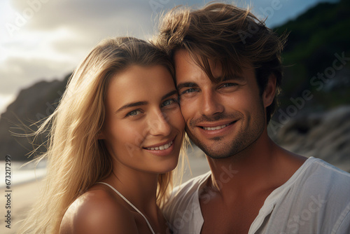 Young couple portrait two lovers spending time sunny country travelers Generative AI © Tetiana