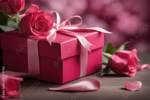 pink roses and gift box on wooden background