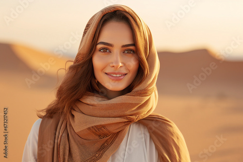 Beautiful arabic woman wearing veil in sandy desert Generative Ai illustration