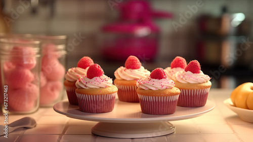 Delicious Raspberry Cupcakes on a Festive Table,cupcakes with cream,cupcakes with cream and berries