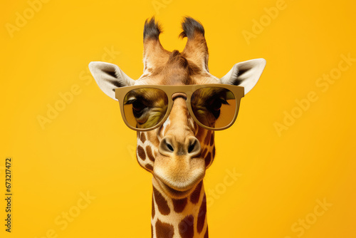 Funny giraffe with sunglasses on yellow background with copy space © Veniamin Kraskov
