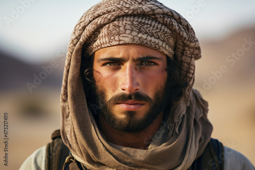 Young arab man in national clothes and turban Muslim man Saudi african moroccan yemenite persian men generative ai photo