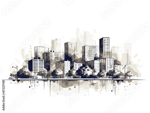 Drawing of Sketch design of urban buildings illustration separated, sweeping overdrawn lines.