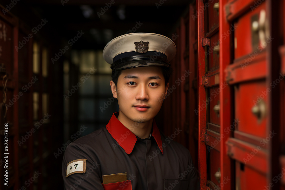 Generative AI picture portrait of mail person mailman mailwoman in corporate uniform