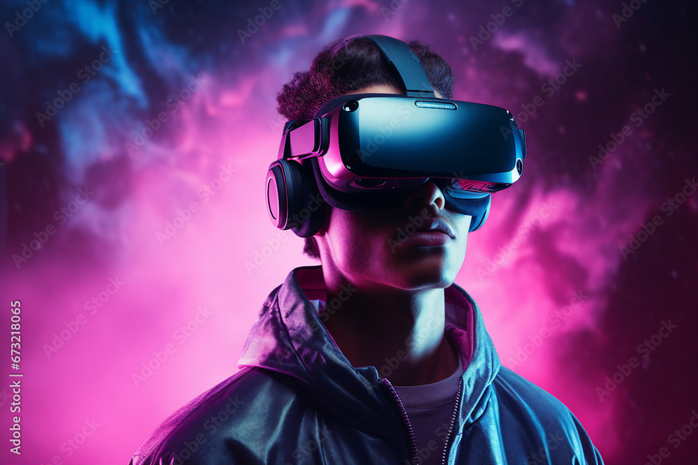 Modern technology user in VR headset goggles watching virtual reality metaverse tech future progress ai generative Modern technology user in VR headset goggles watching virtual reality metaverse tech future progress ai generative