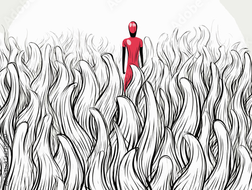 Drawing of Stand out from the crowd model. illustration separated, sweeping overdrawn lines.