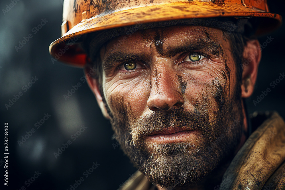 Generative ai technology portrait of mine worker wearing helmet extracting coal resources dirty face