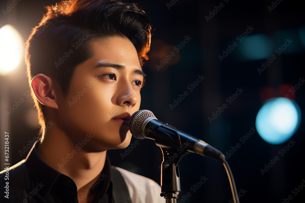 Generative ai modern technology portrait of person on stage using microphone singing song pub bar club Generative ai modern technology portrait of person on stage using microphone singing song pub bar club