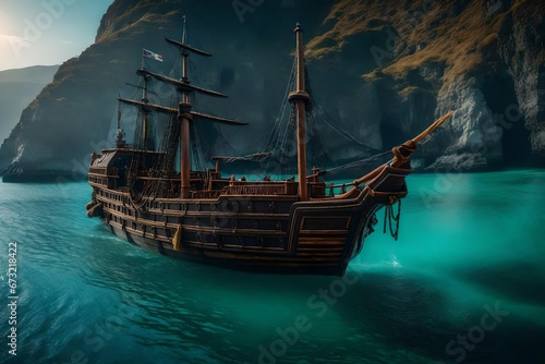 old ship in the sea, A pirate ship looking for treasure on a deserted