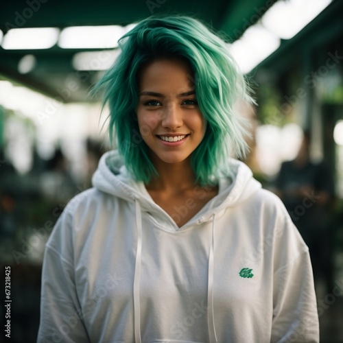 A girl with short and green hair and dressed white hoody