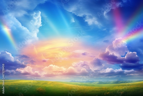 Colorful celestial phenomenon. Countryside vista with vibrant rainbow arching over turbulent summer sky. Generative AI