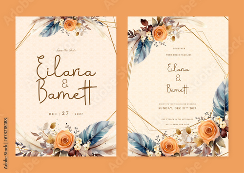 Orange and beige rose and poppy vector wedding invitation card set template with flowers and leaves watercolor