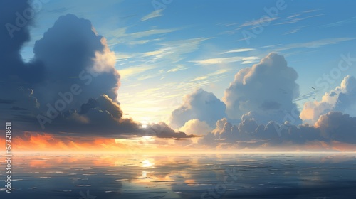 Beautiful anime style background with a picturesque sunrise, fluffy clouds, a serene lake, and a bright sun shining in the sky.